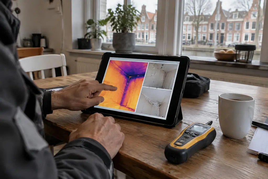 Lekdetectie Ermelo – lekdetectierapport met warmtebeelden en foto's op een tablet