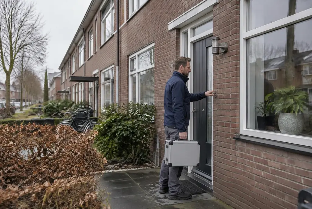 Lekdetectiespecialist met meetkoffer bij de voordeur van een woning in Ermelo